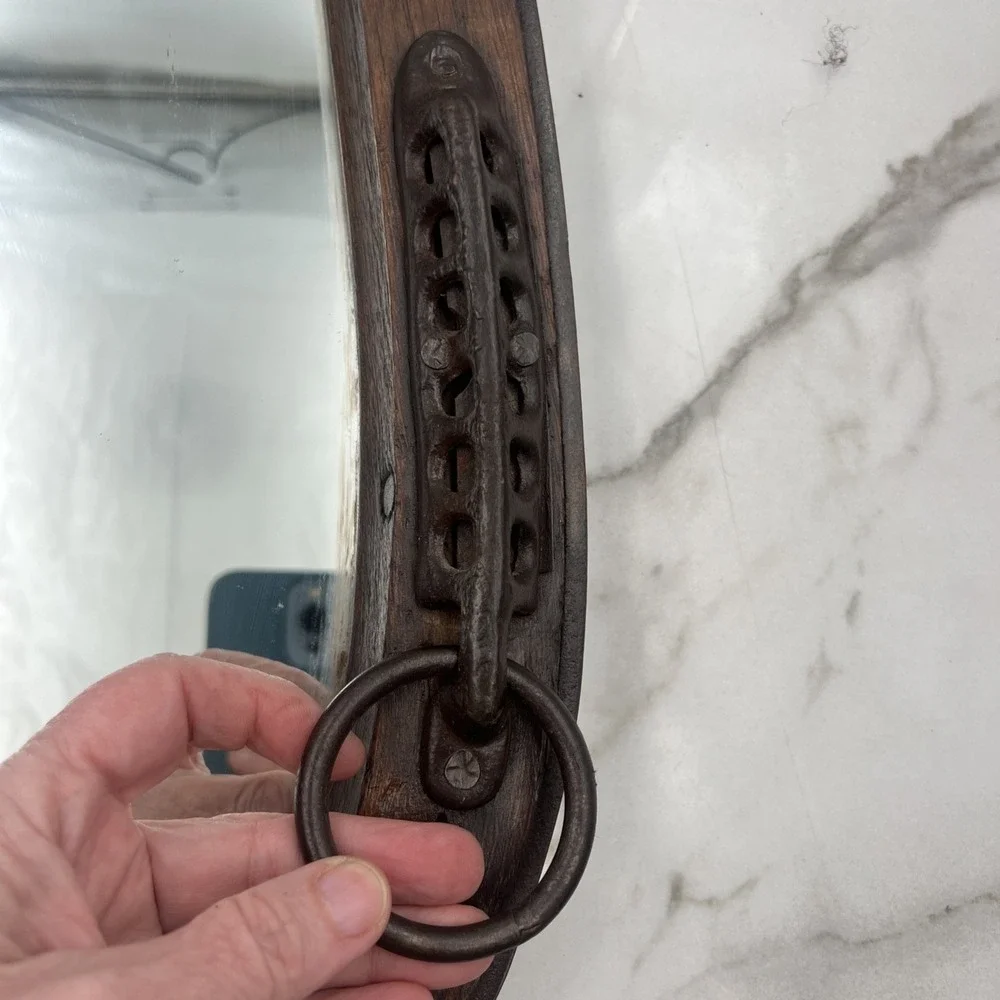 Antique Horse Harness Mirror Rustic Equestrian Decor Wood Iron Leather Wall Art